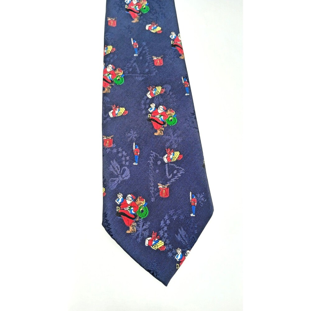 Men Vtg Christmas Santa Claus Novelty Necktie Navy Holiday Tie Short Necktie 55"
